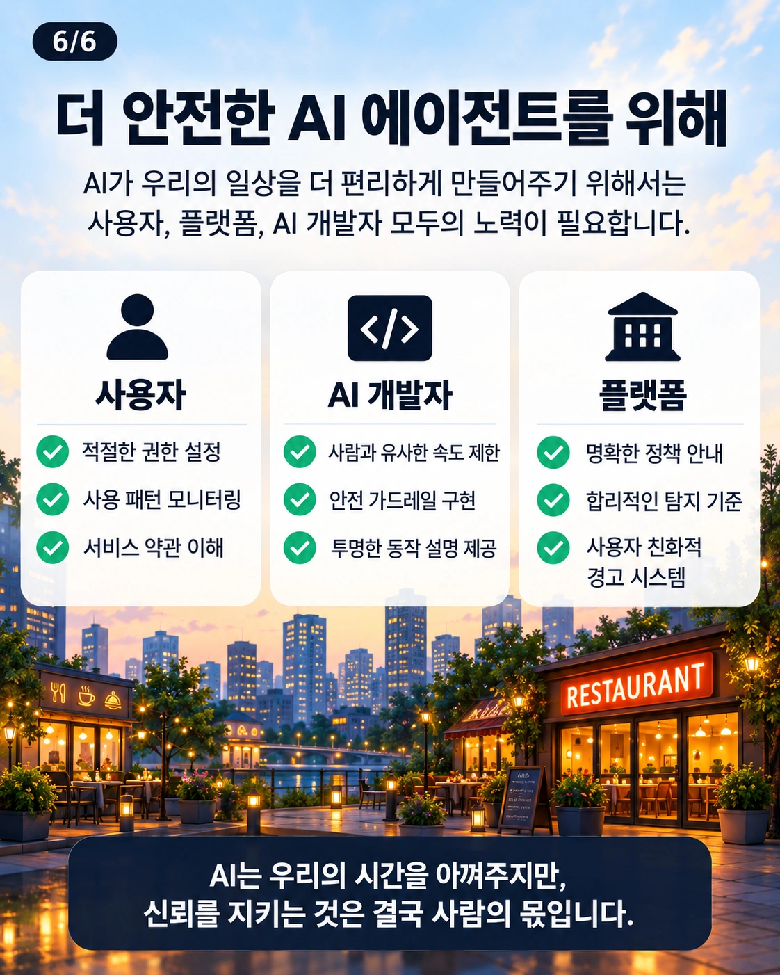 사용자·AI 개발자·플랫폼이 각각 권한 설정, 속도 제한, 명확한 정책으로 안전한 에이전트 환경을 만들어야 한다는 결론 카드