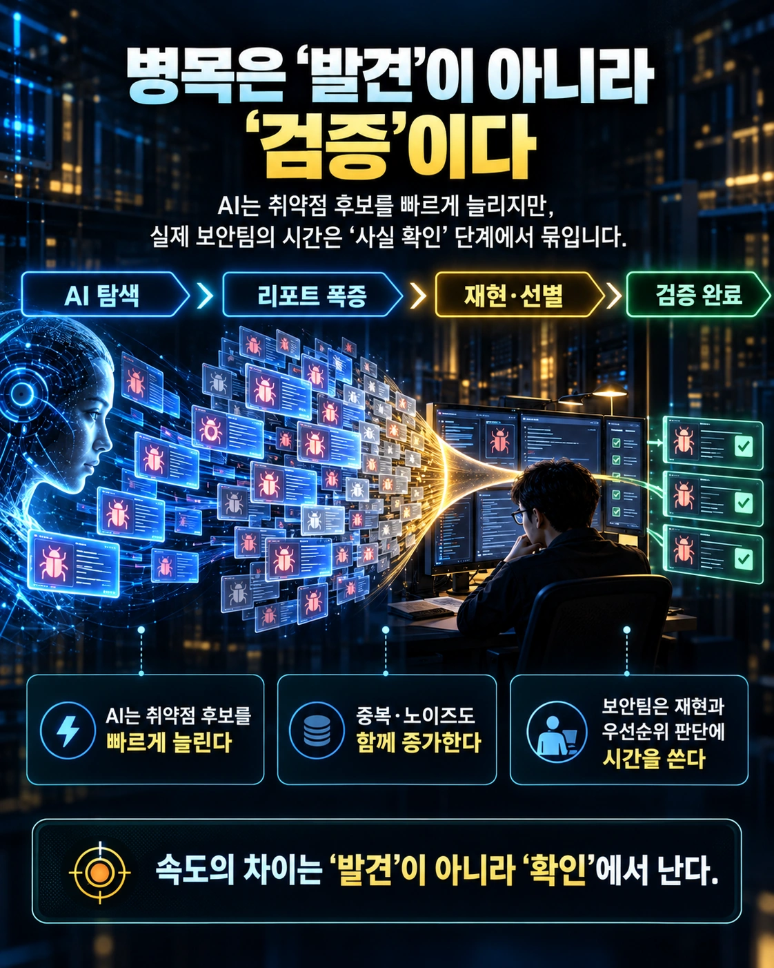 AI 탐색, 리포트 폭증, 재현·선별, 검증 완료로 이어지는 보안 파이프라인과 사실 확인 단계의 병목을 보여주는 도식